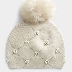 Mitchie’s ecru cream pearls and strass pompom 100% wool tuque beanie hat NWT